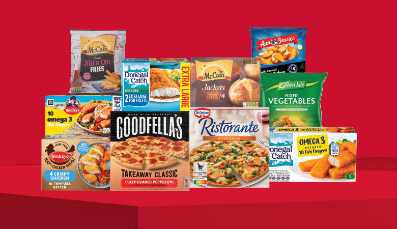 A promotional image showing a variety of frozen food items arranged on a red background. Some of the items include McCain Skin On Fries, Donegal Catch fish fingers, Goodfella's Takeaway Classic pizza, and Aunt Bessie's Mixed Vegetables.