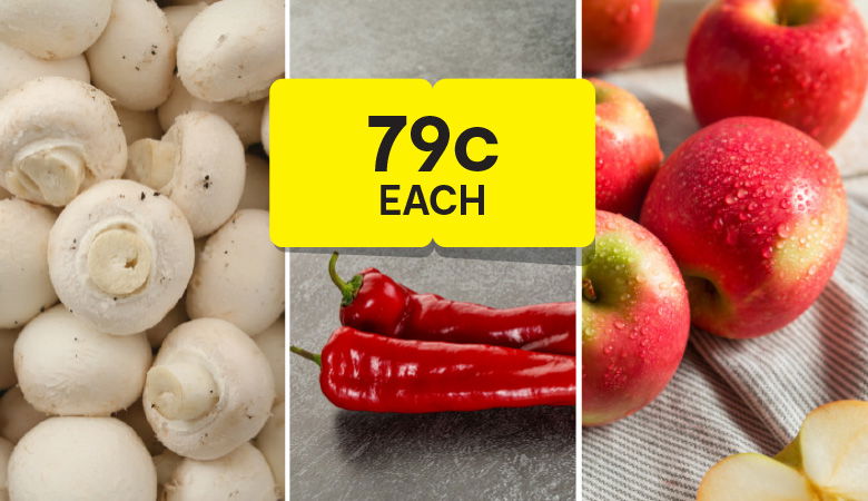 "A promotional image showing close-ups of fresh produce. On the left, a pile of white button mushrooms. In the center, two vibrant red Ramiro peppers with a bright yellow price tag overlay that reads '79c each'. On the right, several shiny red apples with water droplets, suggesting freshness.