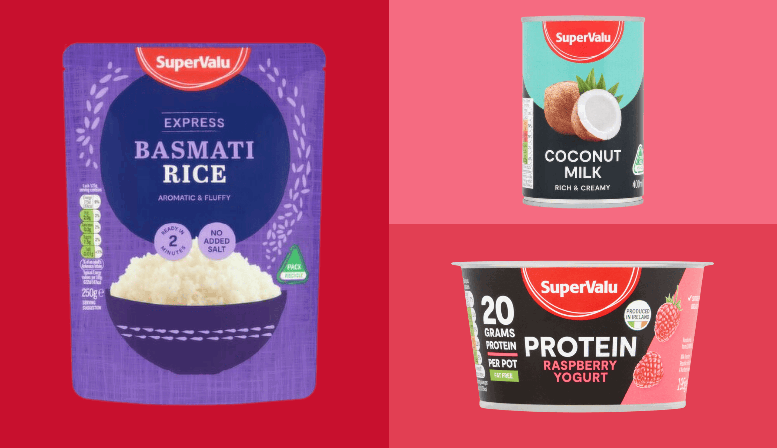 Promotional image showcasing three SuperValu food products on a vibrant split background. On the left, a purple package of SuperValu Express Basmati Rice labeled 'Aromatic & Fluffy' and 'Ready in 2 Minutes.' Top right, a can of SuperValu Coconut Milk described as 'Rich & Creamy,' with an image of a coconut on the label. Bottom right, a container of SuperValu Protein Raspberry Yogurt, boasting '20 grams protein per pot' and featuring fresh raspberries on the packaging. Each product is distinctly highlighted against red and pink backgrounds.