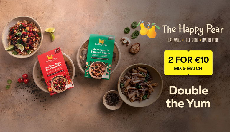 Promotional banner for a '2 for €10 Mix & Match' offer featuring various ready meals on a grey background with images of plated dishes. The yellow box in the center displays the offer text in bold. Featured products include brands such as Clean Cut Meals, The Happy Pear, and SuperValu own-brand ready meals like lasagnas, curries, and shepherd's pies.