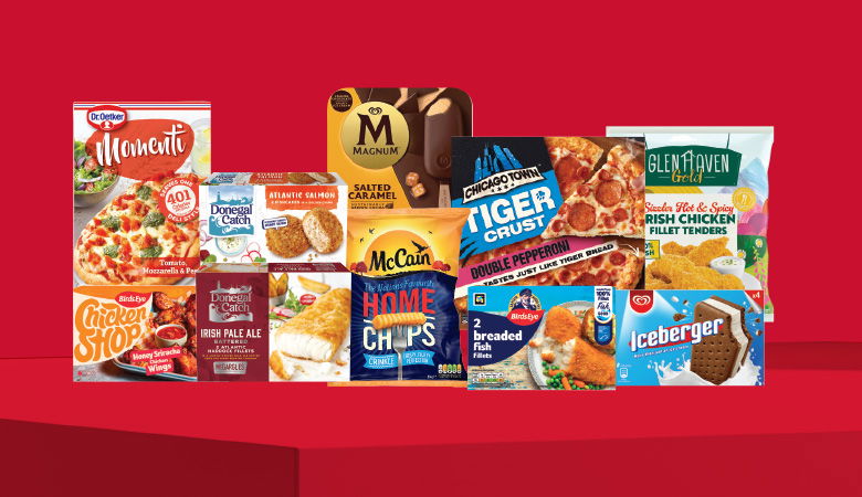 A promotional image showing a variety of frozen food items arranged on a red background.