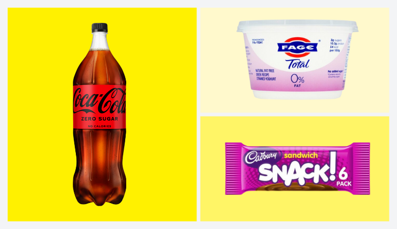 Image featuring three grocery products on a yellow background: on the left, a jar of Dolmio Bolognese Original pasta sauce with '95% Veg' and 'Serves 4' labels; on the top right, a tub of FAGE Total Natural Yogurt Fat Free; on the bottom right, a purple-wrapped 6-pack of Cadbury Sandwich Snack bars.