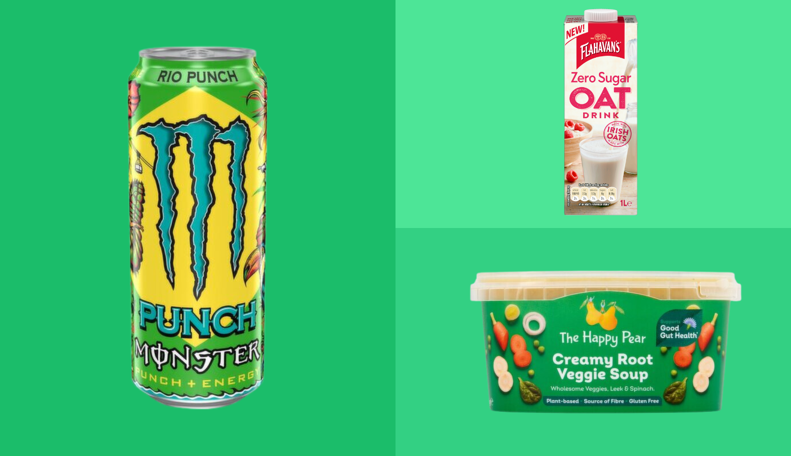 Promotional image featuring three food products against a vibrant green background. On the left, a bag of McCain Air Fryer Quick & Crispy Deep Ridge Crinkle Fries, with a '7 Min' preparation label and a Ninja air fryer recommendation. Top right, a carton of Flahavan's Zero Sugar Oat Drink made from Irish oats, with a glass of oat milk and raspberries on the packaging. Bottom right, a container of The Happy Pear Creamy Root Veggie Soup, described as 'wholesome veggies, leek & spinach,' and labeled as plant-based, gluten-free, and a source of fiber.