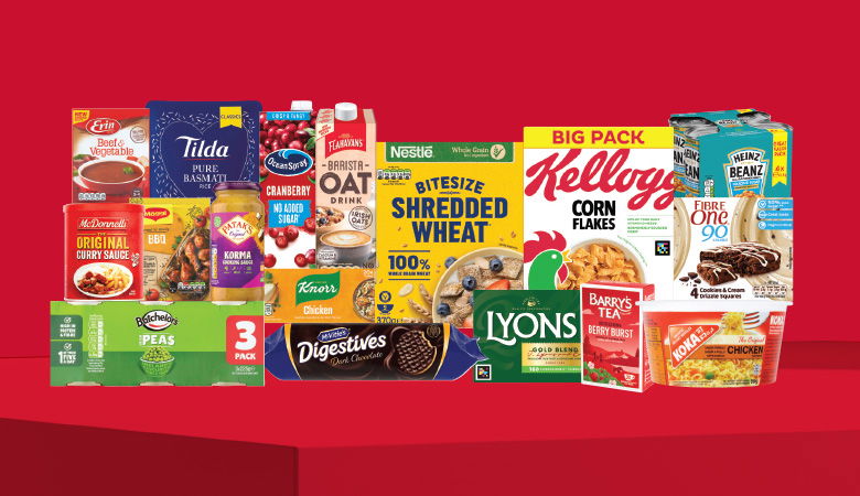 A promotional image displaying various grocery items against a red backdrop.