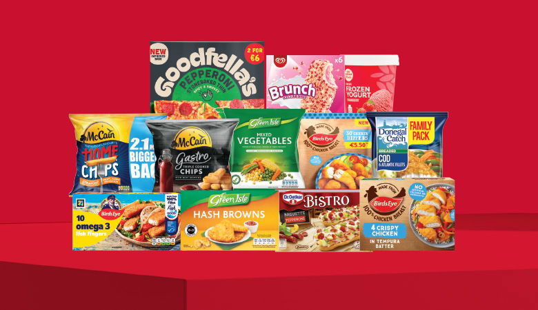 A promotional image showing a variety of frozen food items arranged on a red background.