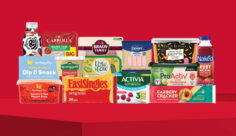 A promotional image showing a variety of food products arranged on a red background.