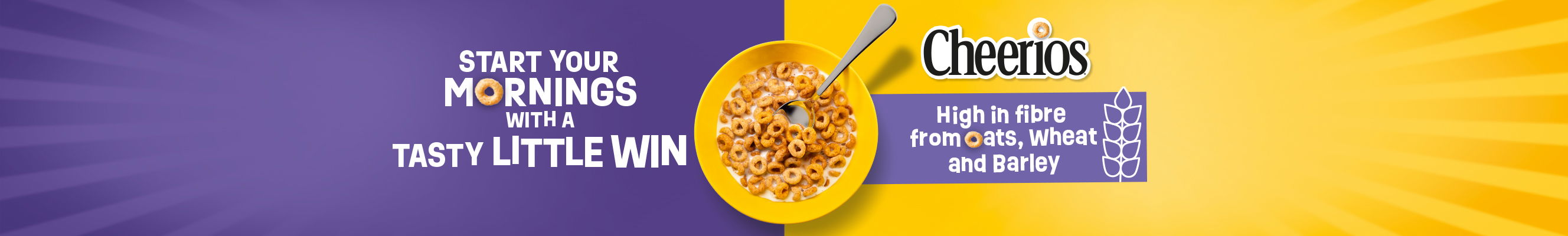 Promotional image for Nestlé Cheerios cereal. The left side features purple text that reads 'HIGH IN FIBRE FROM OATS, WHEAT & BARLEY,' with a single Cheerio replacing the 'O' in 'OATS.' The right side, in yellow, states 'THAT’S A LITTLE WIN.' At the center is a yellow bowl filled with Cheerios cereal and milk, accompanied by a spoon. Below, two Cheerios cereal boxes—Honey Cheerios and Multigrain Cheerios—are displayed. A green 'Shop Now' button is positioned at the bottom center.