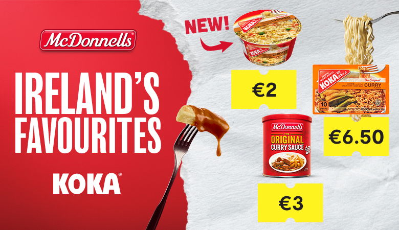 An advertisement for McDonnells curry sauce and Koka noodles in Ireland, featuring product shots and pricing against a red and white background.