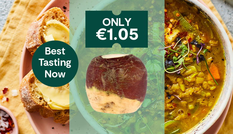 a promotional image, with a bowl of broth in the background, and an offer on Turnip for a price of €1.05