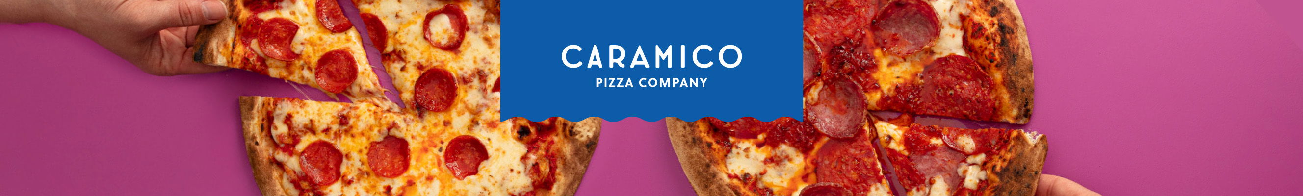 Advertising Caramico Pizza, with two of their pizza range, and a Blue Caramico Pizza Company Logo