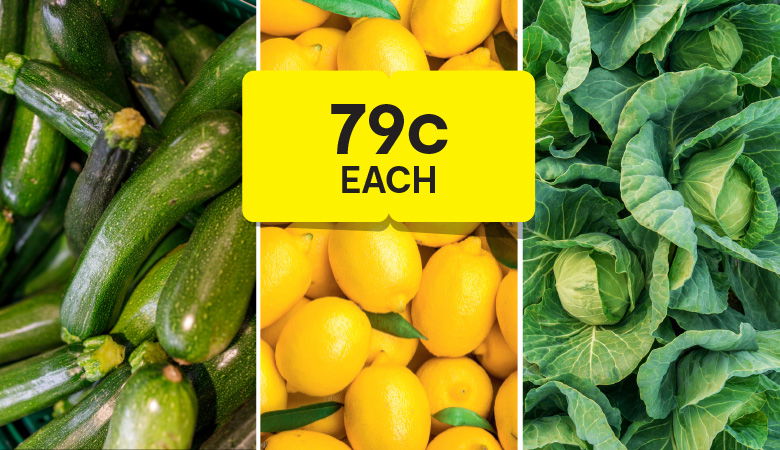 Image displaying three types of fruit and vegetables. Overlaid on the center of the image is a yellow tag with bold text reading '79c EACH' in black.