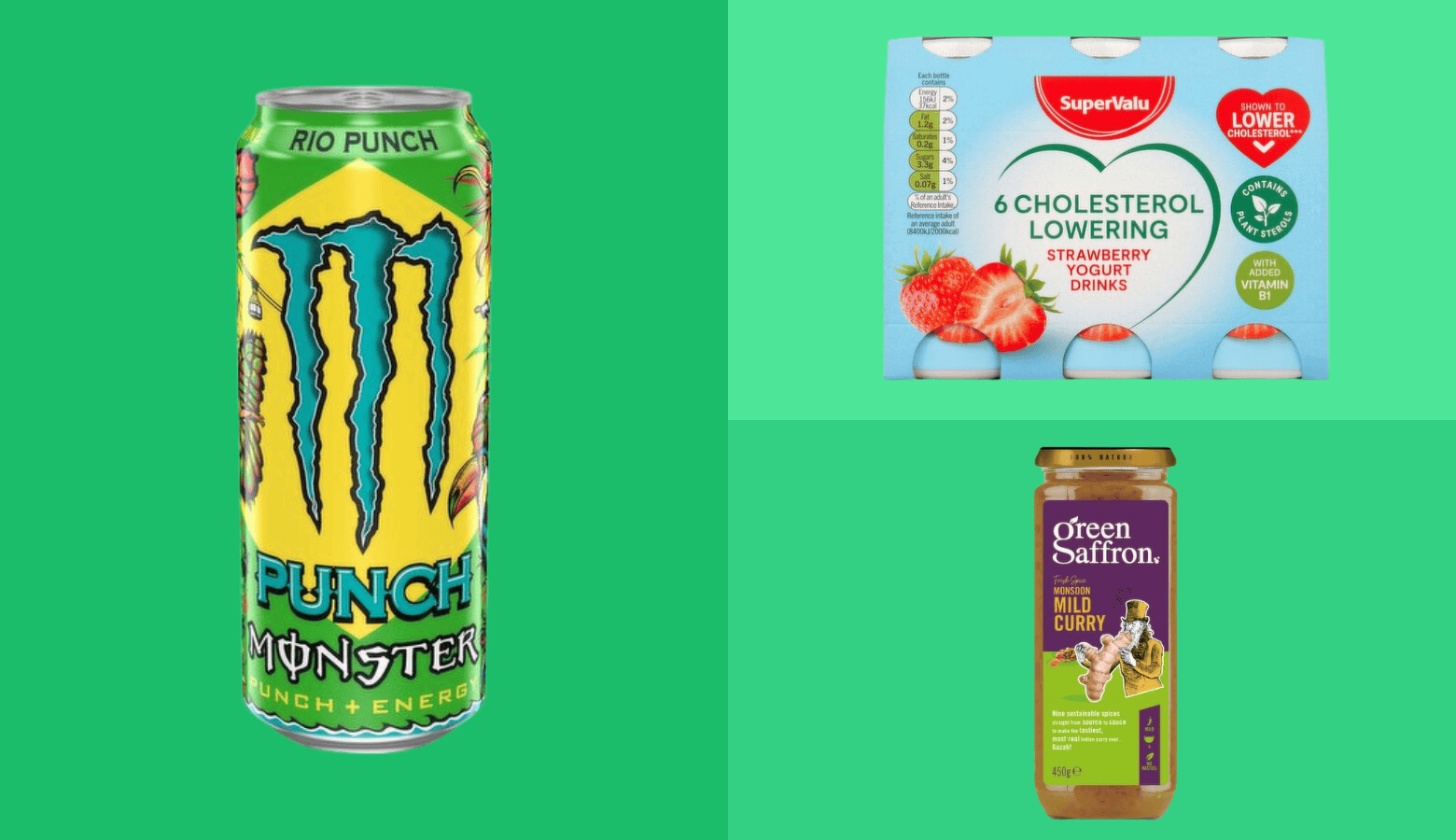 A collage of three product images against a solid green background. On the left is a tall, brightly colored can of Monster Energy Rio Punch. The top right is a white carton of Flahavan's Zero Sugar Oat Drink, labeled "New!". The bottom right is a rectangular container of The Happy Pear Creamy Root Veggie Soup, showcasing various vegetables and the text "Good Gut Health".