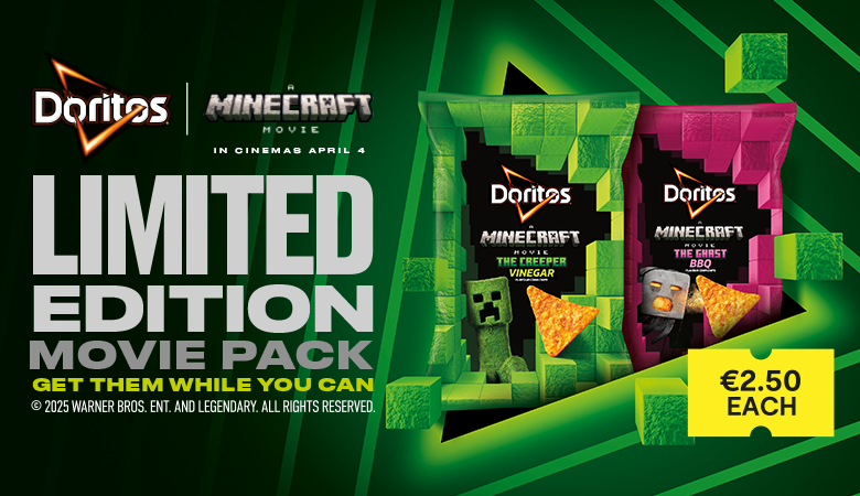 A Doritos advertisement promotes a limited-edition Minecraft Movie snack pack, available for €2.50. The ad features two Doritos flavors: 'The Creeper Vinegar' in green packaging with a Creeper image and 'The Ghast BBQ' in pink packaging with a Ghast image. The background has a pixelated, Minecraft-inspired design with floating blocks. The text highlights the movie's release date, April 4, and urges customers to 'Get them while you can.