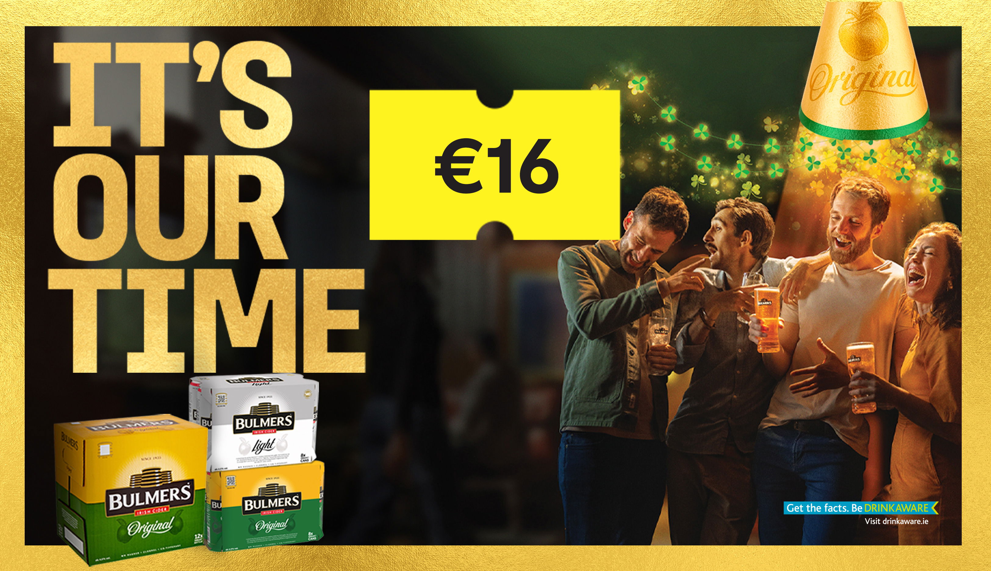 An advertisement for Bulmers Irish Cider, with a price tag of €16