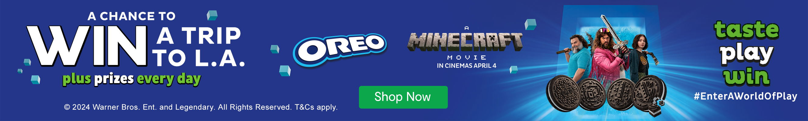 A promotional image for an Oreo and Minecraft Movie collaboration features a contest to win a trip to L.A. and daily prizes. The image includes three movie characters holding weapons, special edition Minecraft-themed Oreo cookies, and bold text with the hashtag #EnterAWorldOfPlay.