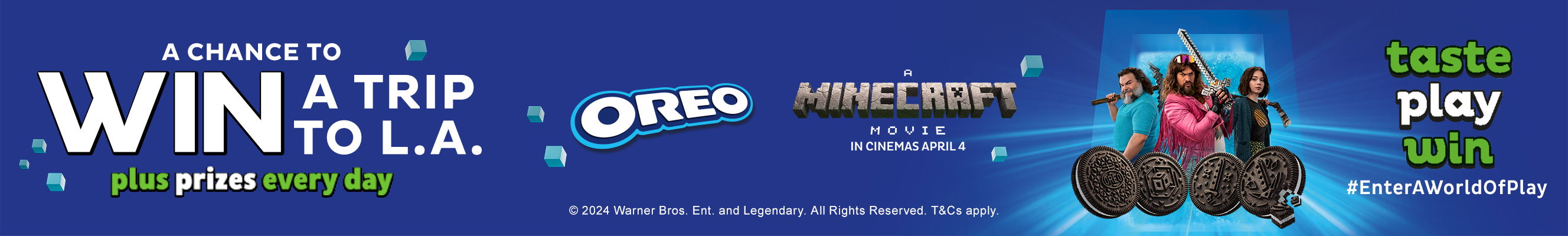 A promotional image for an Oreo and Minecraft Movie collaboration features a contest to win a trip to L.A. and daily prizes. The image includes three movie characters holding weapons, special edition Minecraft-themed Oreo cookies, and bold text with the hashtag #EnterAWorldOfPlay.