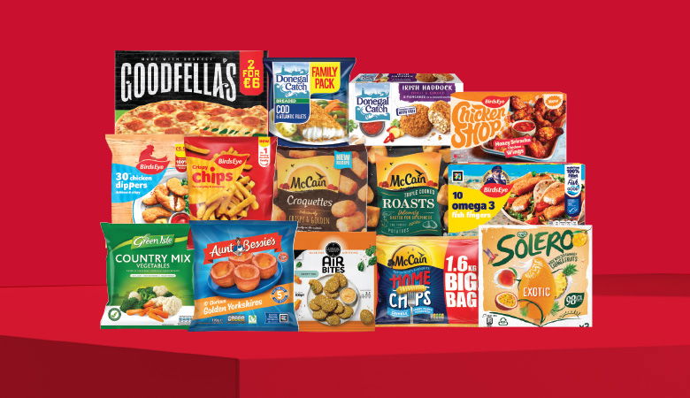 A promotional image showing a variety of frozen food items arranged on a red background.