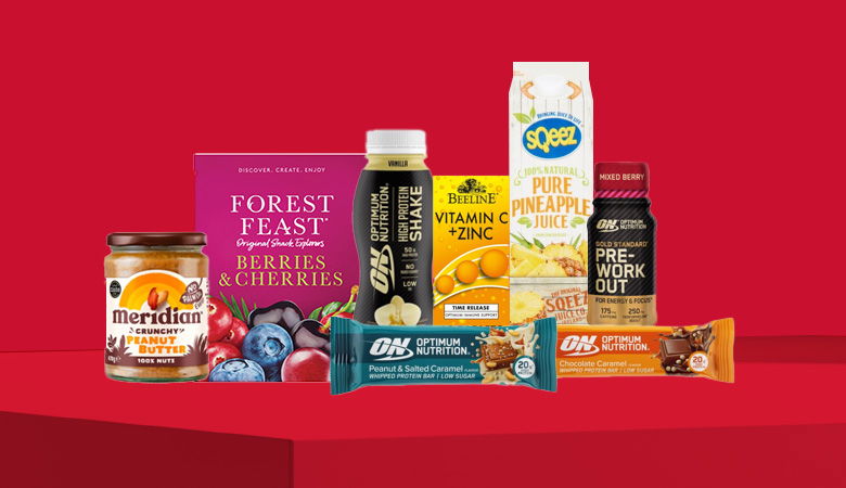 A promotional image showcasing various health and wellness products against a red backdrop.