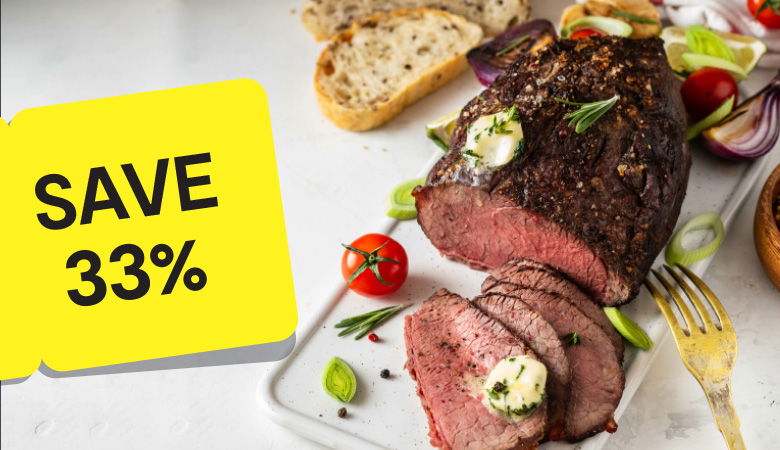 Promotional image featuring a roast beef and a Save 33% price tag