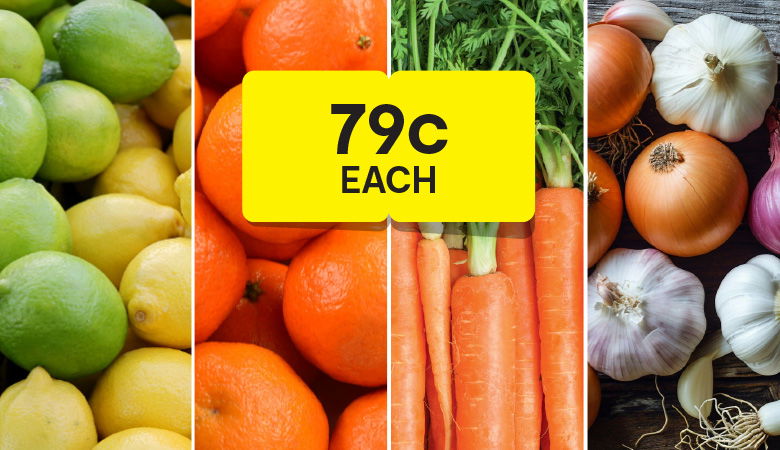 Promotional image featuring four different fruit and veg for 79 cent each