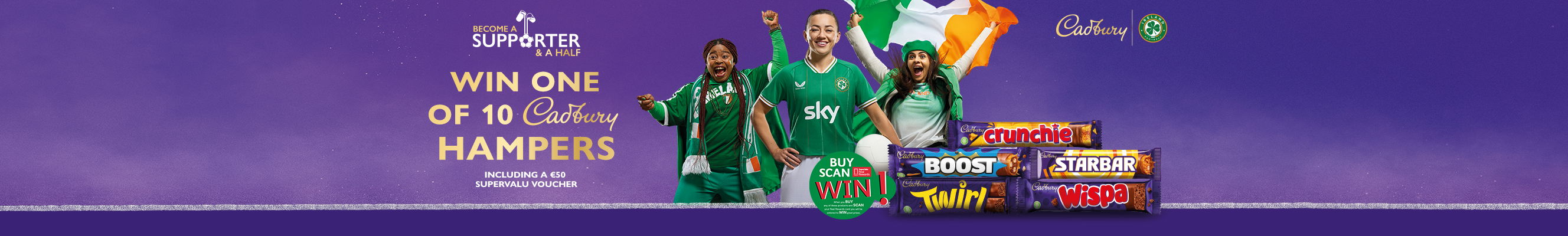 A purple promotional image for a Cadbury contest featuring three women in Irish soccer jerseys cheering, surrounded by Cadbury chocolate bars and text advertising a chance to win hampers.