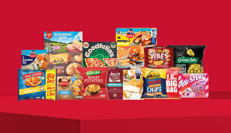 A promotional image showing a variety of frozen food items arranged on a red background.