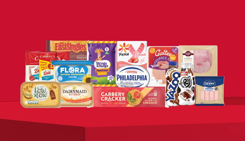 A promotional image showing a variety of food products arranged on a red background.