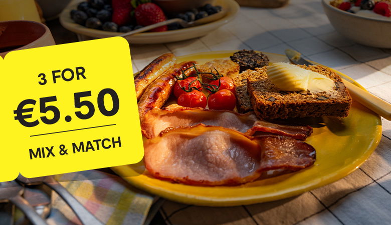 An advertisment for breakfast deal 3 for €5.50 mix and match