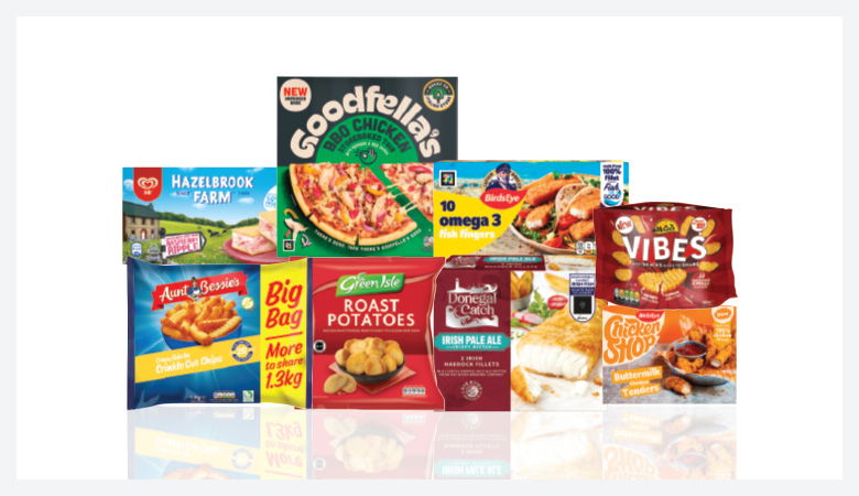 A promotional image showing a variety of frozen food items arranged on a red background.