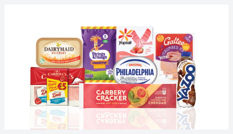 A promotional image showing a variety of food products arranged on a red background.