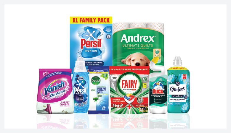 A promotional image showcasing various household cleaning and laundry products against a red backdrop.