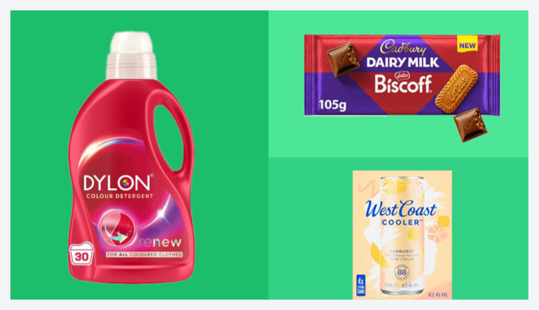 Promotional image featuring three food products against a vibrant green background.