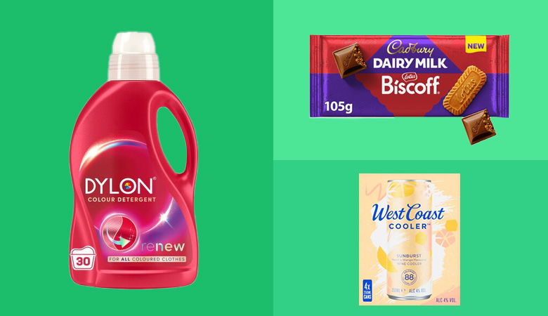 A collage of three product images against a solid green background.
