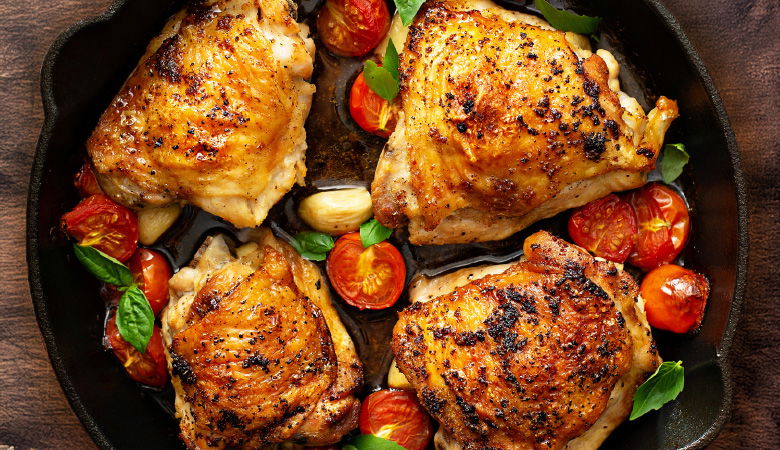 Summer meats, featuring bbbq chicken with cherry tomatoes