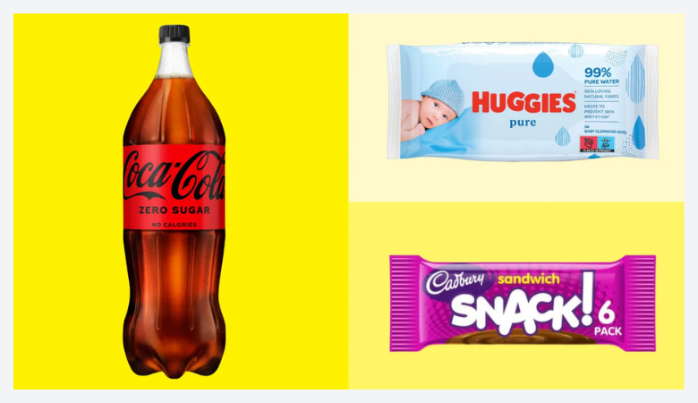 Image featuring three grocery products on a yellow background: on the left, a jar of Dolmio Bolognese Original pasta sauce with '95% Veg' and 'Serves 4' labels; on the top right, a tub of FAGE Total Natural Yogurt Fat Free; on the bottom right, a purple-wrapped 6-pack of Cadbury Sandwich Snack bars.