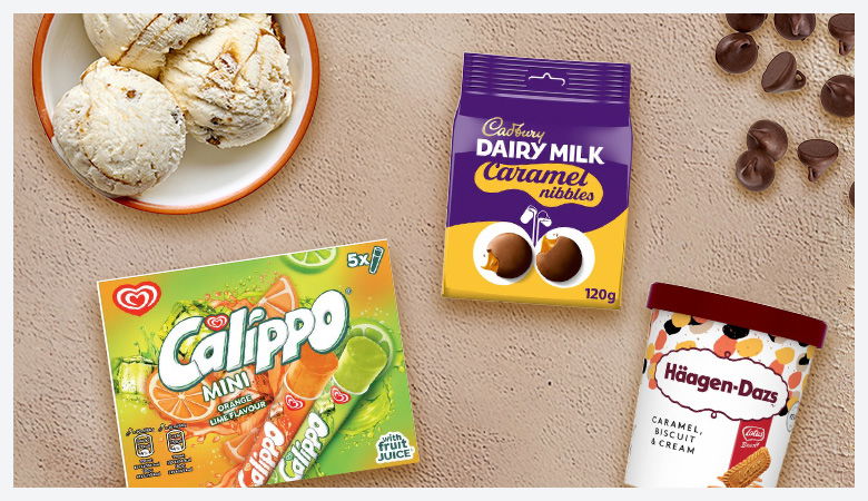 Calipo ice pops, chocolate buttons and ice cream tub