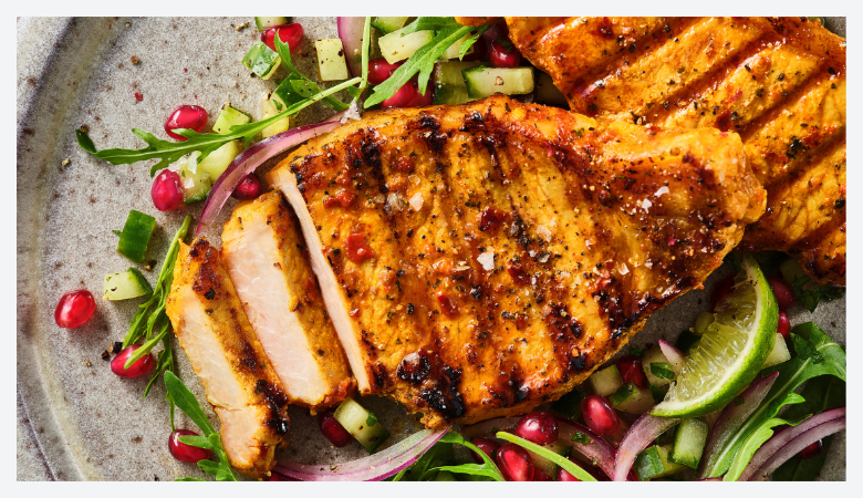 Summer meats, featuring bbbq chicken with cherry tomatoes