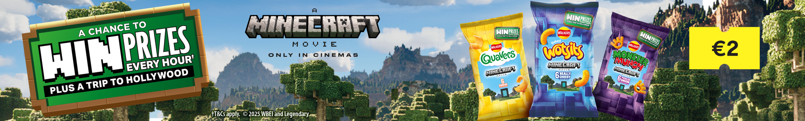 A walkers advertisement promotes a limited-edition Minecraft Movie snack pack, available for €2.