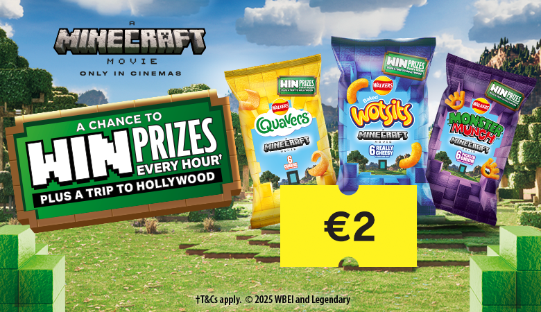 A walkers advertisement promotes a limited-edition Minecraft Movie snack pack, available for €2.
