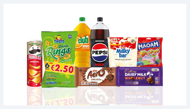 A promotional image showcasing a variety of snack foods and drinks against a red backdrop.