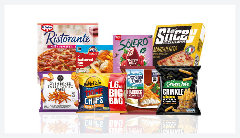 A promotional image showing a variety of frozen food items arranged on a red background.