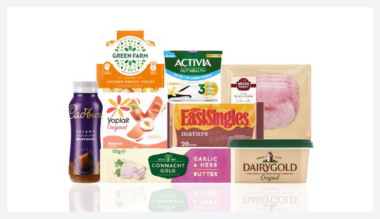 A promotional image showing a variety of food products arranged on a red background.
