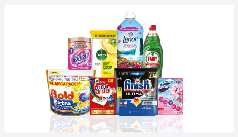 A promotional image showcasing various household cleaning and laundry products against a red backdrop.