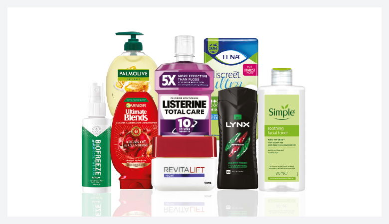 A promotional image showcasing various personal care products against a red backdrop.