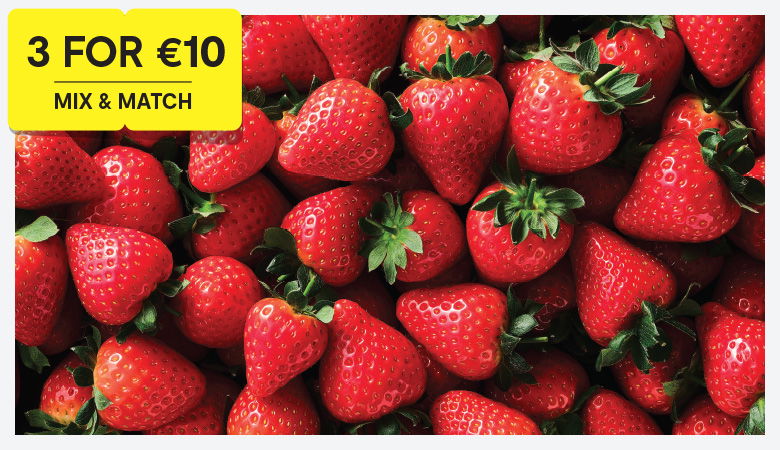 Promotion featuring a selection of fruit and veg 3 for €10