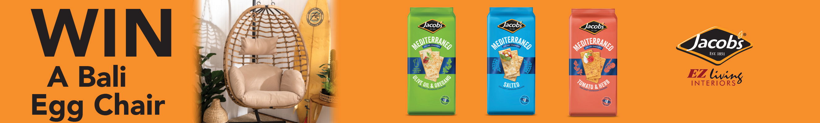 An adevrtisment for Jacobs crackers, three different types, and the chance to win an egg chair