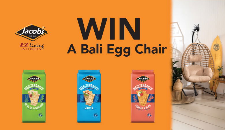 An advertisement for Jacobs crackers, three different types, and the chance to win an egg chair