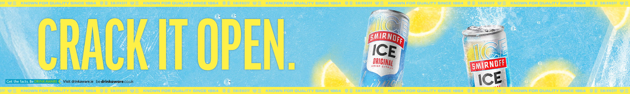 An advertisement for Smirnoff ice cans, with text saying Crack it Open