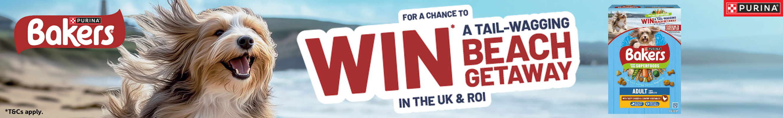 An advertisement for Bakers dog food, and the chance to win a beach getaway