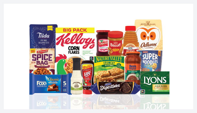 A promotional image displaying various grocery items against a red backdrop.